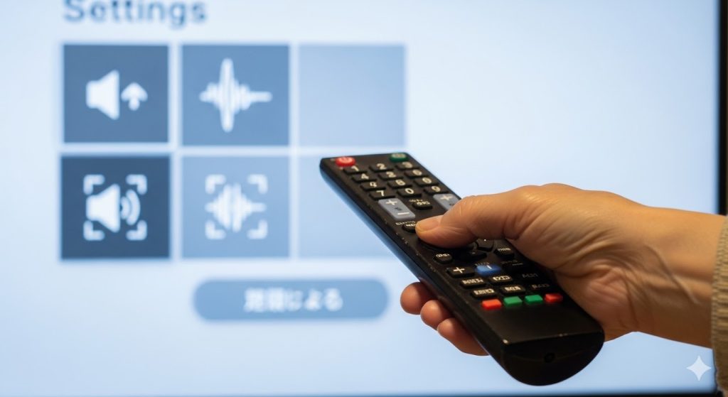 テレビのリモコンで音声設定や聞き取りやすさモードを操作する高齢者の手元