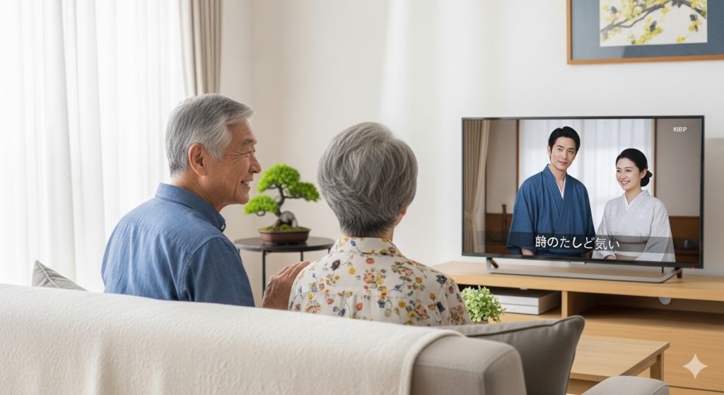 字幕放送を活用して穏やかにテレビを楽しむ高齢の日本人夫婦