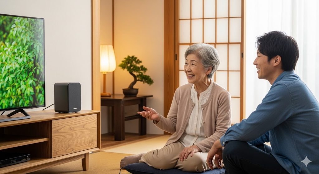 テレビ横に設置した外部スピーカーのおかげで会話が弾む日本人の家族