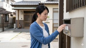 自宅の郵便ポストの前で、中身が抜き取られたのではないかと心配そうな表情を浮かべる日本人女性。防犯対策の必要性を感じさせるシーン。