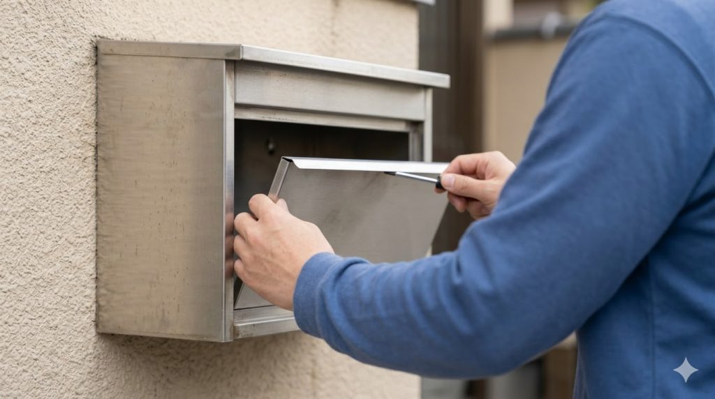 日本人住宅の玄関先で、ステンレス製郵便ポストの投函口に盗難防止用の金属製プレートを丁寧に取り付ける様子。手元が強調された設置作業のカット。