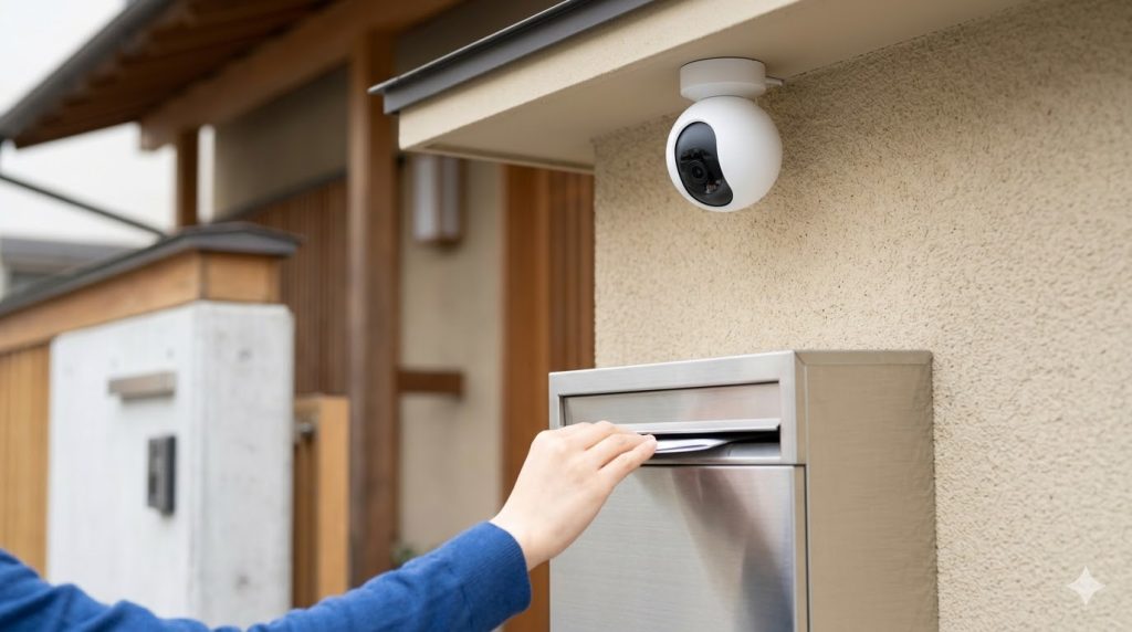 日本人住宅の軒下に設置された、小型で白い最新の防犯カメラ。壁に掛けられたステンレス製郵便ポストを見下ろす位置にあり、周囲の監視性を高めている。