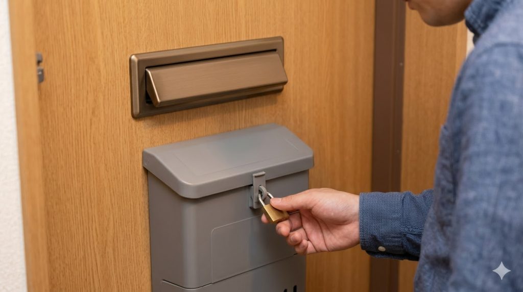 日本人住宅の内側から見た玄関ドアポスト。投函口の目隠し金具と、室内側に設置された鍵付きの受け箱による二重防犯対策。