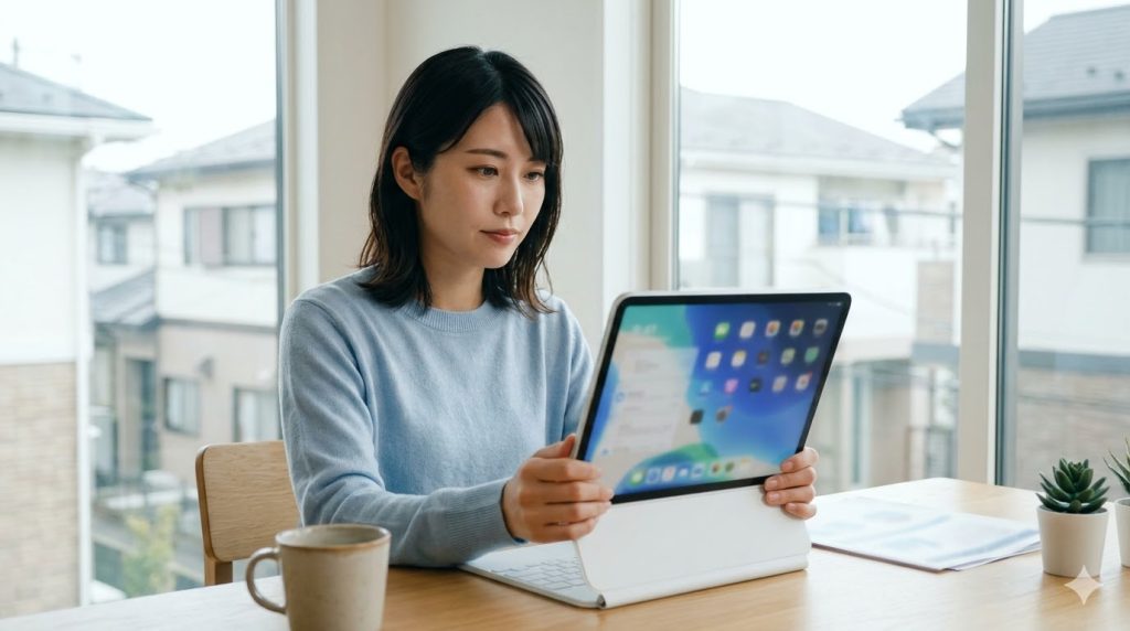 自宅のデスクでタブレット端末を使い、クラウド私書箱サービスで届いた郵便物のスキャンデータを確認する日本人女性。物理的なポストへの依存を減らす新しい防犯対策。