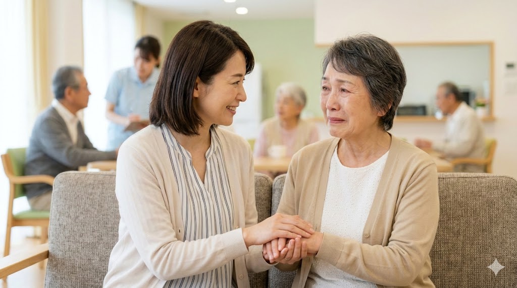 施設で手をつなぎ、寄り添う日本人親子。娘が寂しがる母を笑顔で支える様子。