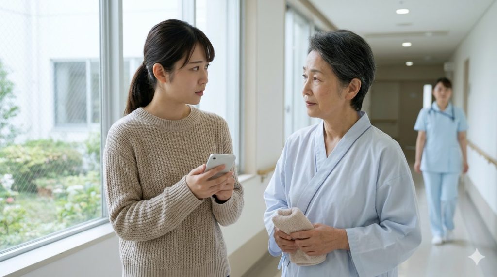 病院の廊下で不安な表情で会話する日本人の親子。退院時期についての相談を想起させる。