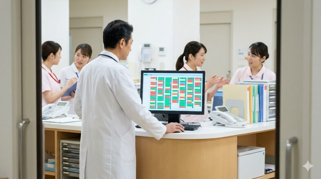 病院のナースステーションで病床管理モニターを確認する日本人の医師。忙しい現場のベッドコントロールの様子。