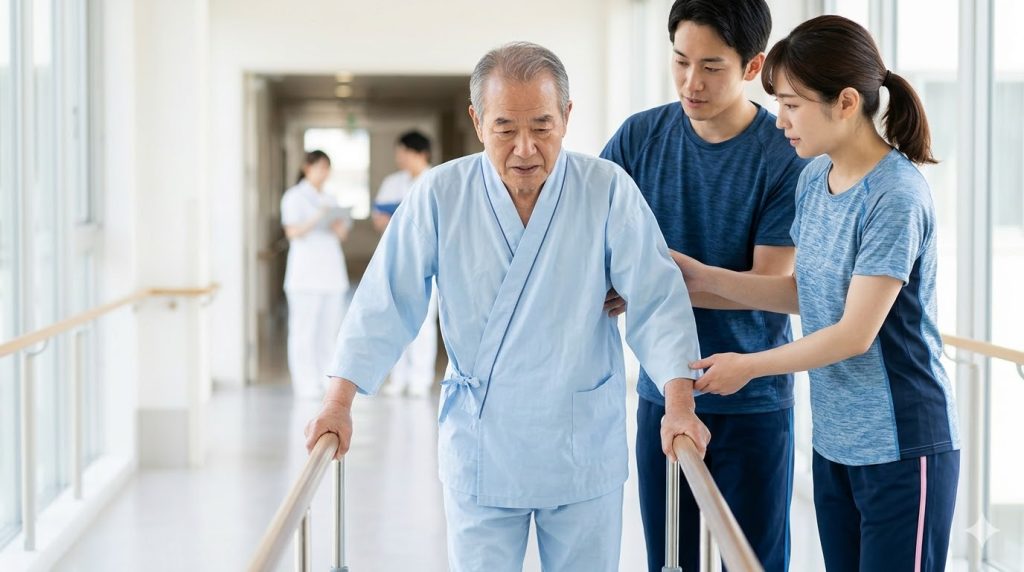 病院のリハビリ室で理学療法士の支えを得て歩行練習をする高齢の日本人男性。廃用症候群対策と転倒予防のリハビリ。