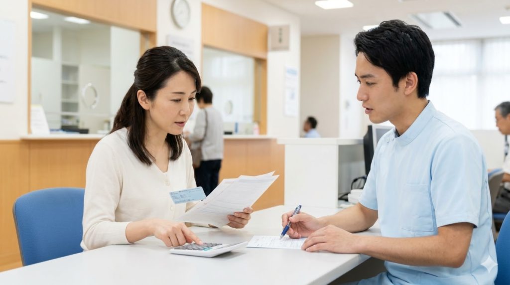 病院の窓口で高額療養費制度について相談する日本人の女性。入院費用の支払いや手続きについての不安解消。