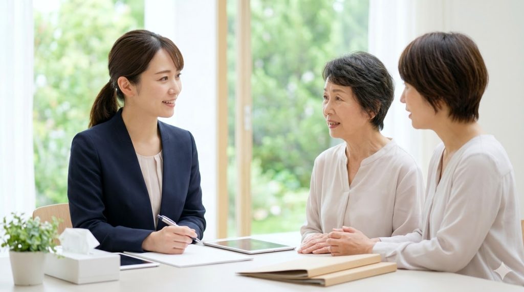 病院の相談室で、医療ソーシャルワーカー（MSW）と対談する日本人の家族。早期相談の重要性と安心感を伝える。