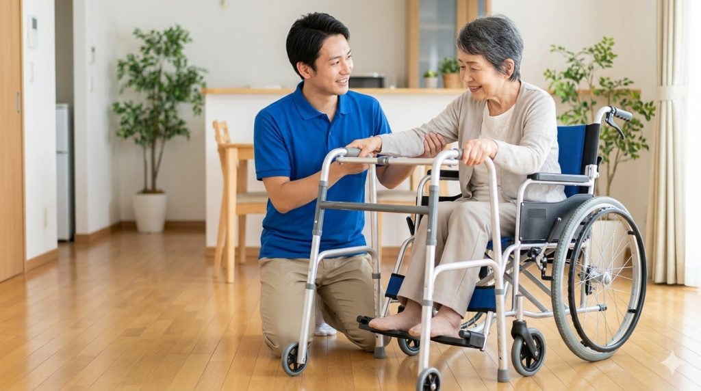 自宅で介護スタッフと歩行練習をする高齢の日本人女性。退院後の生活への円滑な移行と安心感を表す。