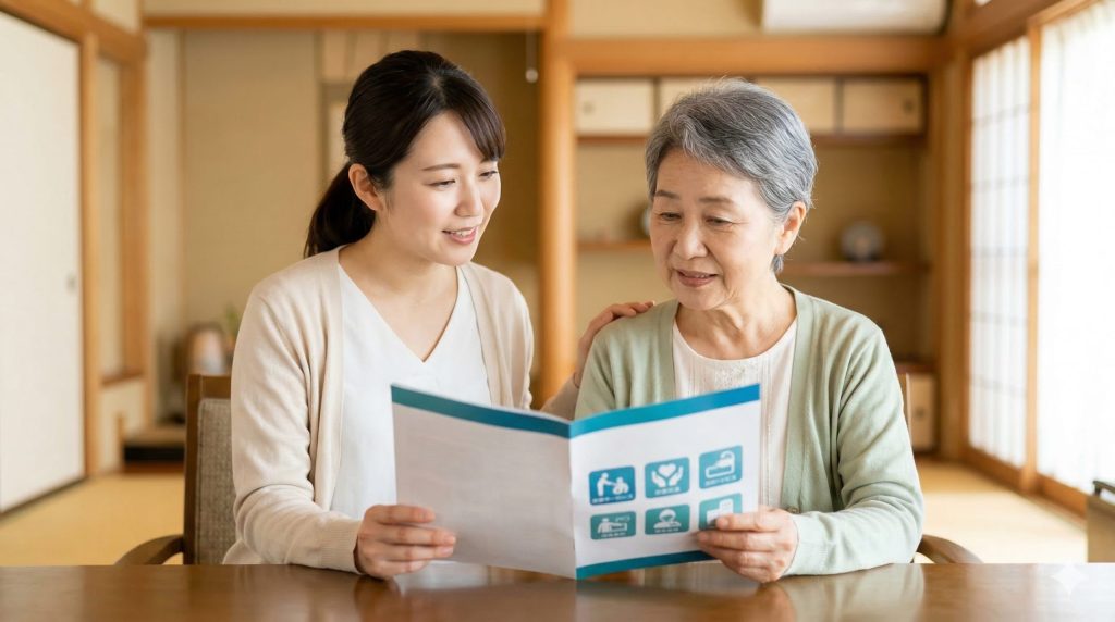 小規模多機能型居宅介護のパンフレットを見ながら、自宅の食卓で穏やかに話し合う日本人親子。サービス導入を検討する様子。