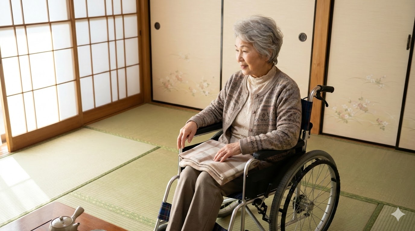 伝統的な日本の和室(和室)で、畳(たたみ)の上に静かに座る、車椅子を利用する日本人の高齢女性。和室での介護と生活の融合を示す、穏やかでフォトリアルな写真。