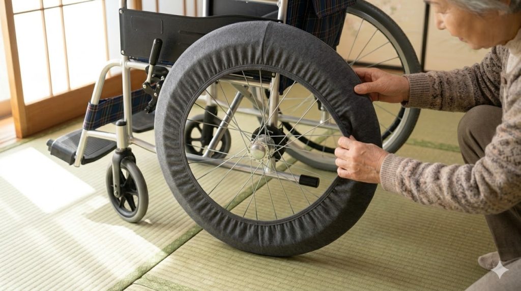 伝統的な日本の和室で、畳(たたみ)を保護するために、車椅子の大きな後輪に灰色のファブリック製タイヤカバー(ホイルソックス)を装着する、日本人の高齢女性の手元。傷防止とマナー向上のための具体的な対策を示す近接写真。