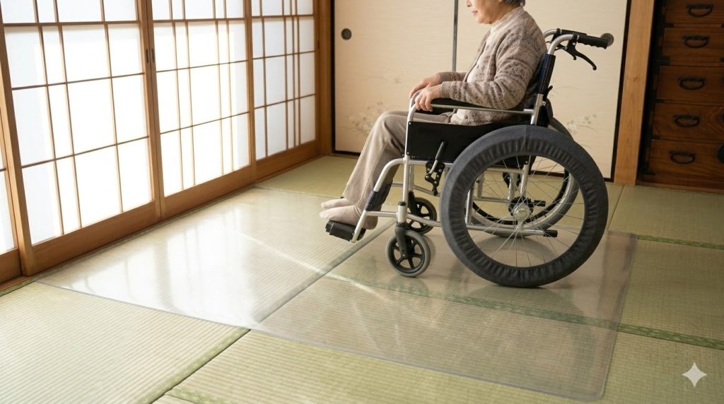 伝統的な日本の和室(和室)で、畳(たたみ)の上に敷かれた透明なPVC製保護マットの上を、穏やかに移動する日本人の高齢女性。車椅子のタイヤカバー(ホイルソックス)を装着した状態で、畳のへこみや傷を防ぐ床面保護マットの効果を示す、穏やかでフォトリアルな写真。