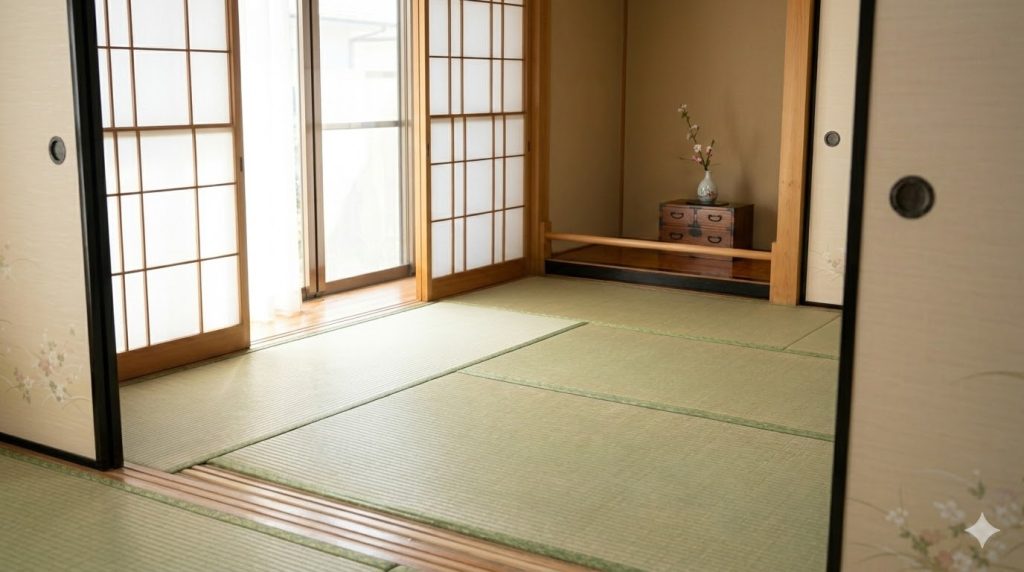 伝統的な日本の和室(和室)で、清潔に保たれた畳(たたみ)と、光を通す障子戸(しょうじど)。車椅子の移動に適した、傷がなく安全で快適な生活空間を示す、穏やかでフォトリアルな写真。