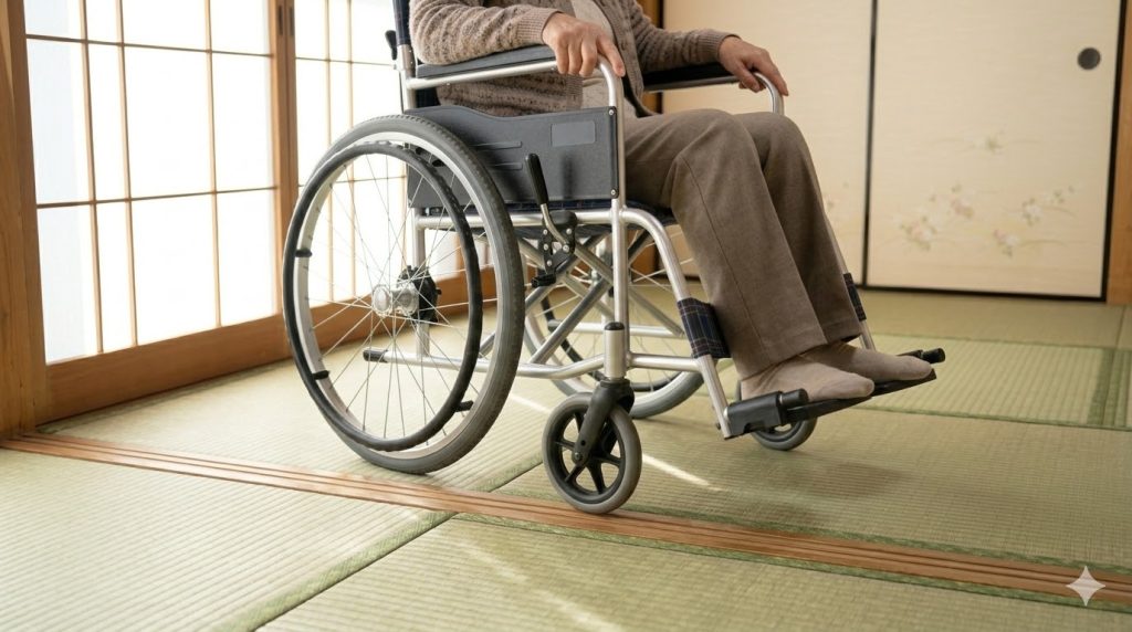伝統的な日本の和室(和室)で、畳(たたみ)の上の敷居(しきい)をスムーズに乗り越える、6輪車椅子に座った日本人の高齢女性。小回りと段差走破性に優れた6輪車椅子の特徴を示す、フォトリアルな写真。