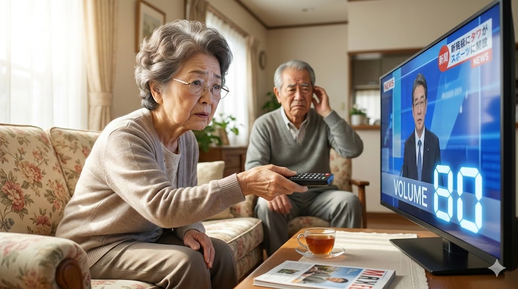 リビングでテレビリモコンを持ち、大音量でテレビを見る日本の高齢女性と、その音を気にする高齢男性。加齢による難聴とその影響を表現。