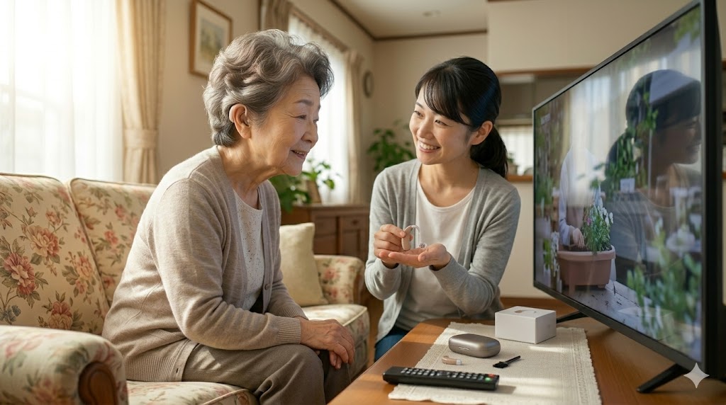 リビングで、娘から最新の耳かけ型補聴器の説明を受ける日本の高齢女性。補聴器による生活全体の質（QOL）向上。