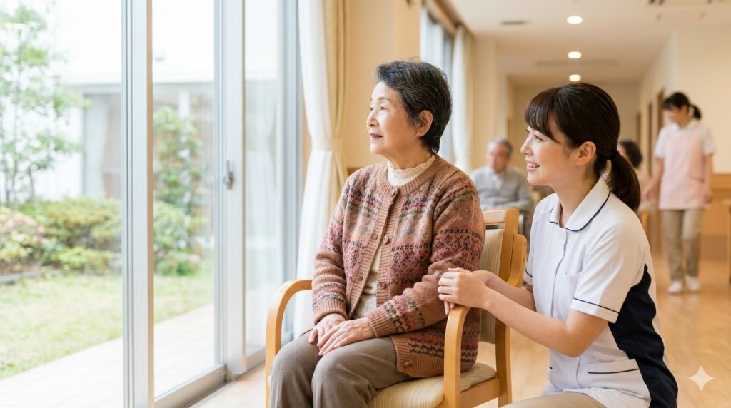 特別養護老人ホームの明るい共用スペースで、窓外の景色を眺めながらケアマネジャーと笑顔で話す日本人高齢女性。入居者の生活とケアを象徴。