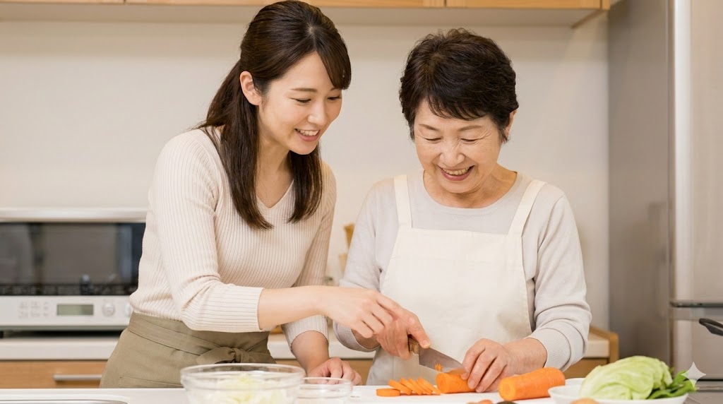 笑顔でキッチンに立つ日本の母娘。娘のサポートで、母親が野菜を刻むなどの料理リハビリテーションを行っている様子。