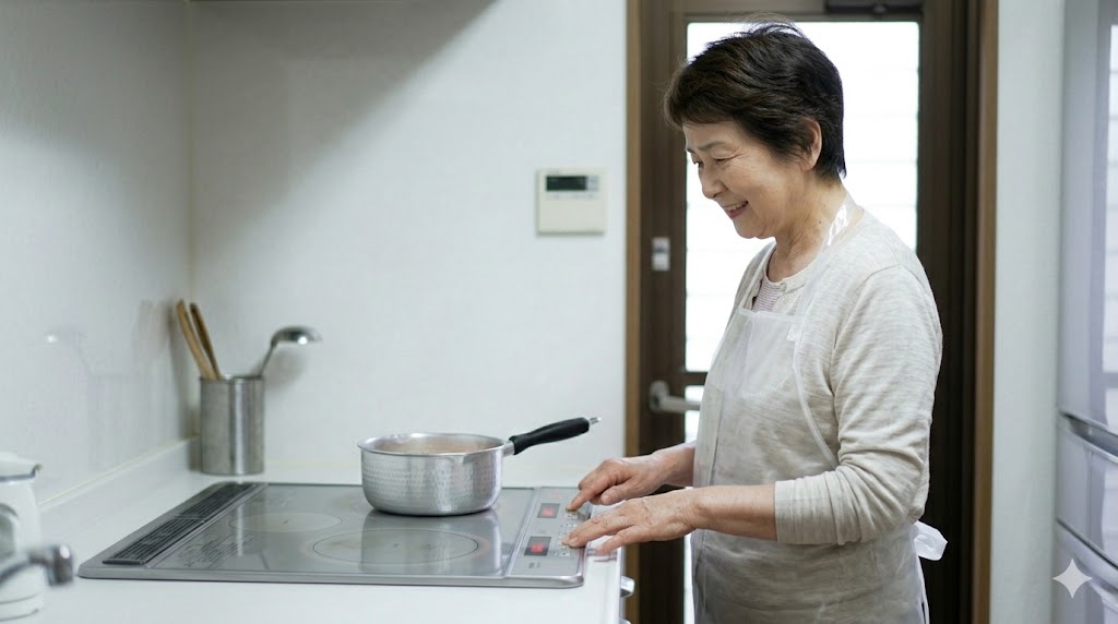 安全のために日本の高齢者向けに導入された、シンプル操作のIHクッキングヒーター。火を使わないため、着衣着火などの事故を防ぐ。
