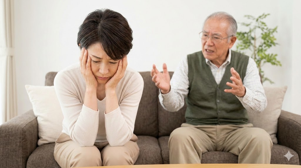 介護に疲れ果て、頭を抱える日本人女性と、後ろで不満げに話す高齢の日本人男性の様子。年寄りのわがままに限界を感じる家族の精神的負担を表現。