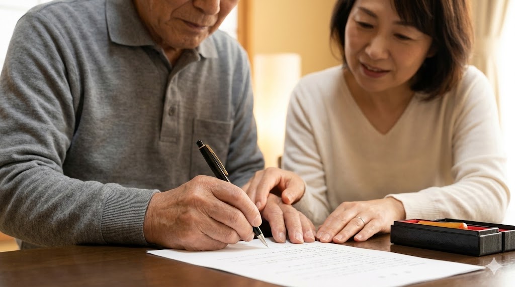 高齢の日本人男性が、日本人娘に見守られながら家族信託の書類に署名する様子。将来の資産凍結や介護費トラブルを未然に防ぐ手続きをイメージ。