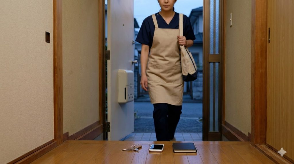 訪問介護を終えて利用者の自宅の玄関を出る際、床に鍵やスマートフォン、手帳をうっかり忘れていく日本人介護職員の後ろ姿。16:9の横長画像。