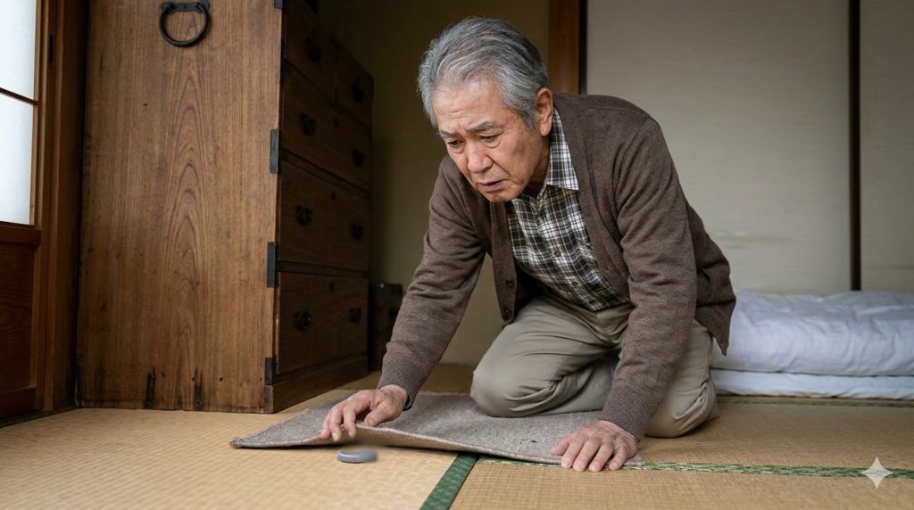 自宅の和室で、補聴器が見当たらず不安そうな表情で畳の上を探す、高齢の日本人男性。16:9の横長画像。