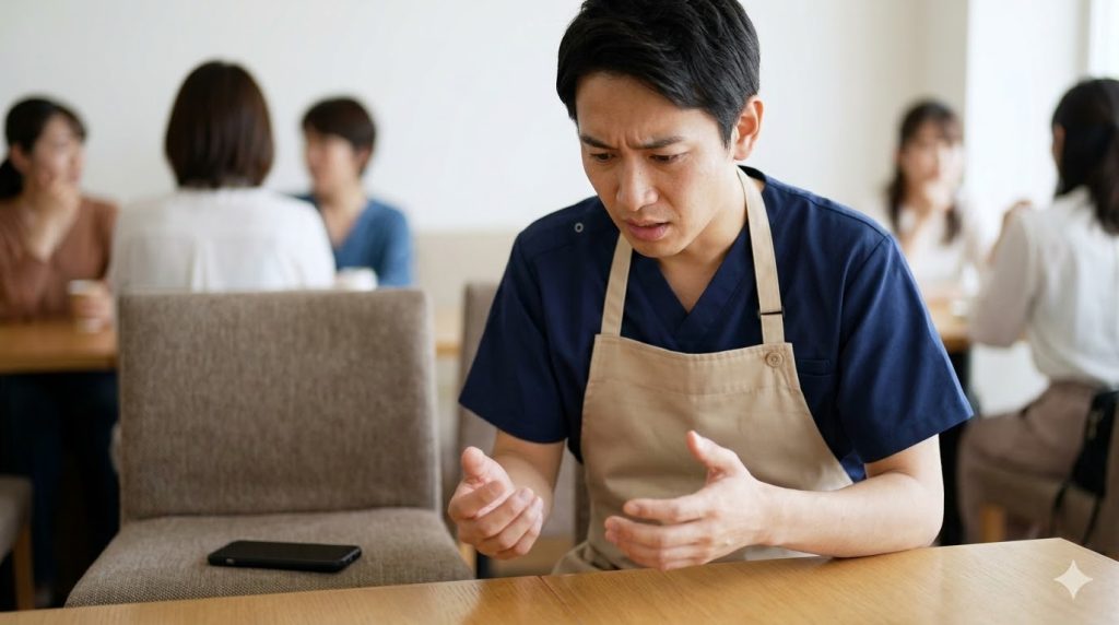 訪問介護の移動中に立ち寄ったカフェで、業務用スマートフォンを置き忘れたことに気づき、青ざめる日本人男性職員。16:9の横長画像。