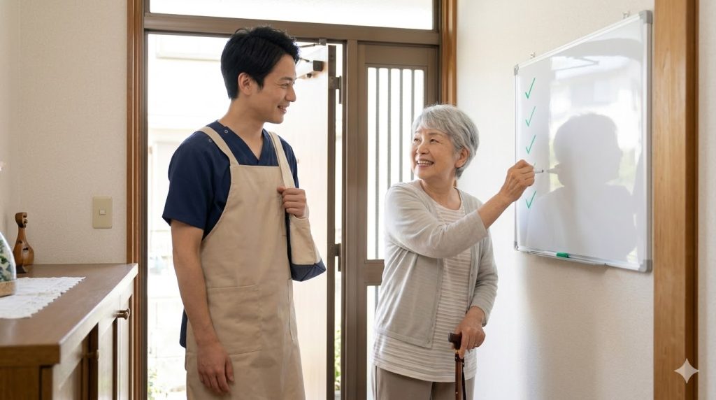 訪問介護を終えて利用者の自宅の玄関を出る際、壁に掛けられたホワイトボードのチェックリストに、高齢女性と一緒にレ点を入れる笑顔の日本人介護職員。16:9の横長画像。