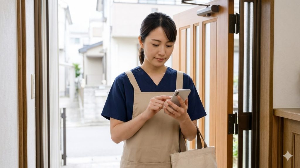 訪問介護を終えて利用者の自宅の玄関を出る際、スマートフォンでデジタルチェックリストアプリを操作して項目を確認する日本人女性職員。