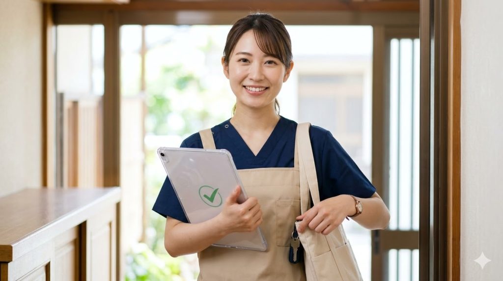 訪問介護を終えて利用者の自宅の玄関を出る際、スマートフォンとキーポーチを確実に確認して、笑顔で前を向くプロフェッショナルな日本人女性介護職員。