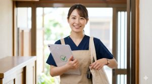 訪問介護を終えて利用者の自宅の玄関を出る際、スマートフォンとキーポーチを確実に確認して、笑顔で前を向くプロフェッショナルな日本人女性介護職員。