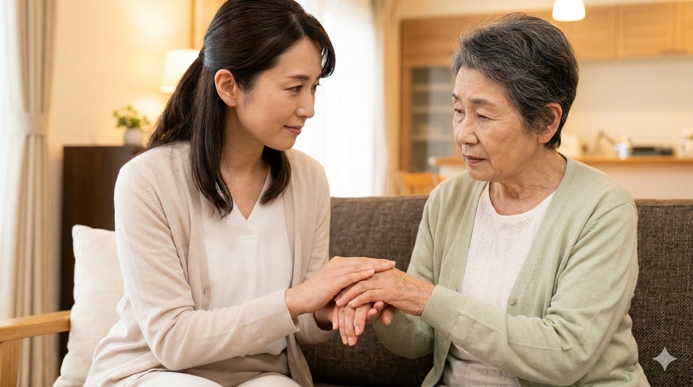弱っていく親の手を優しく握り、寄り添う日本人の娘。親の老いや介護に対する辛さや不安を受け止める共感のイメージ。