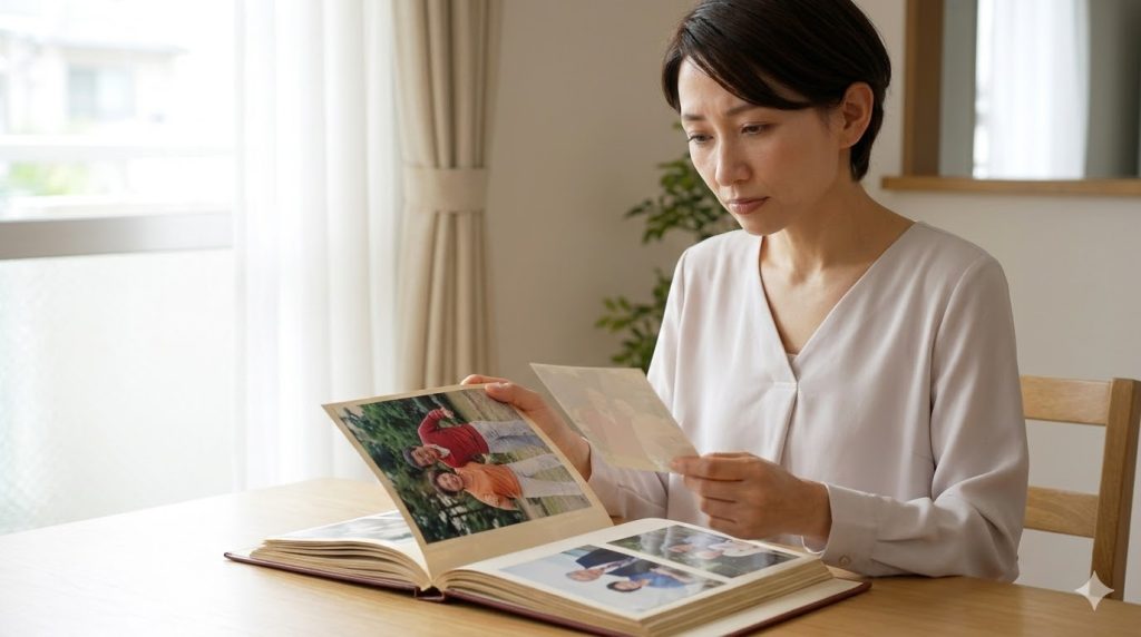 昔の元気な親の写真アルバムを見ながら、現在の衰えた姿とのギャップに葛藤する日本人女性。理想の親像と現実のズレを象徴するイメージ。