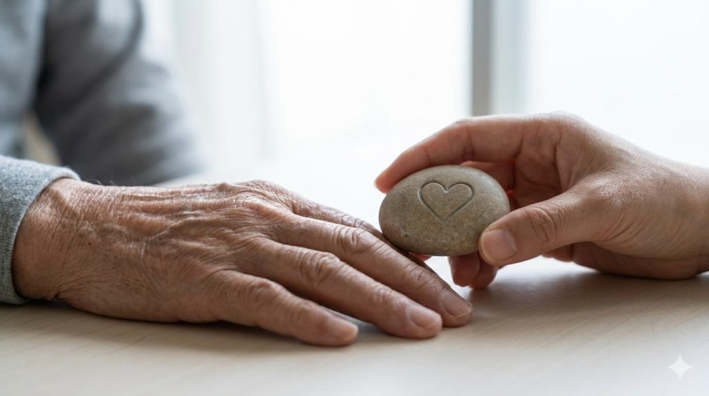弱っていく親の手の横に、心の安定を象徴するハート型の石を置く日本人女性。予期悲嘆を受け入れ、セルフケアを行うイメージ。