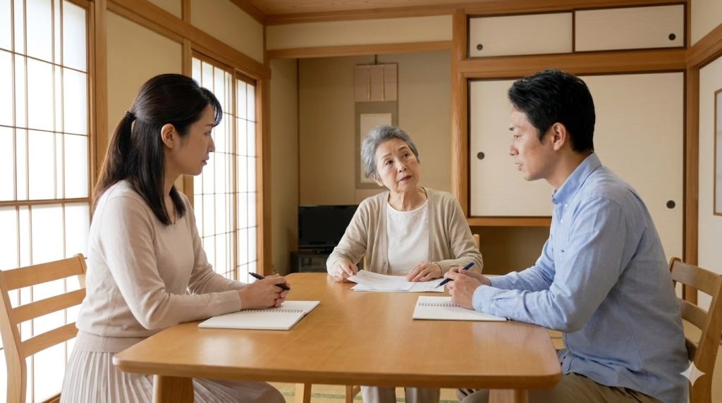家のリビングで、高齢の母親を交えて穏やかに話し合う日本人女性とその兄弟。介護方針や将来の計画を事前に共有するイメージ。