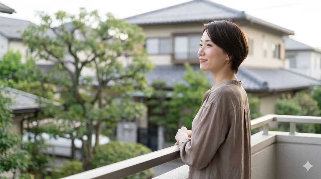 バルコニーで穏やかな夕日を眺め、希望を感じる日本人女性。介護の辛さを乗り越え、自分自身の人生も大切にする未来への前向きなイメージ。