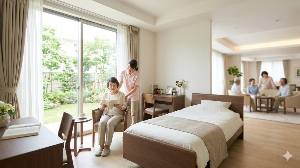 手厚い人員配置と完全個室で、入居者の生活の質（QOL）向上とプライバシーを守る民間介護付きホームの様子。