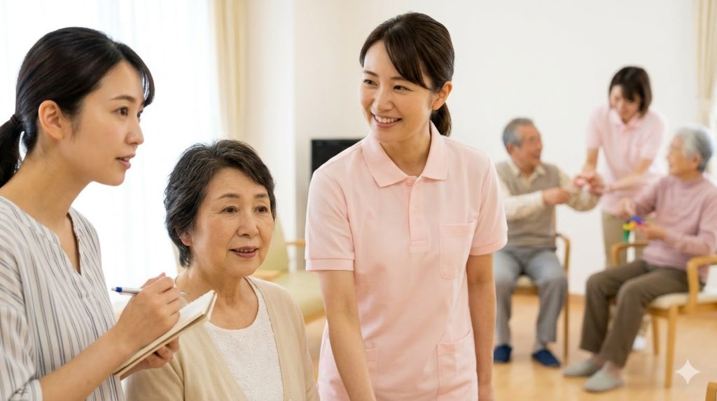 介護付き有料老人ホームの見学で、スタッフが入居者と温かく接する様子を観察する家族と入居希望者。