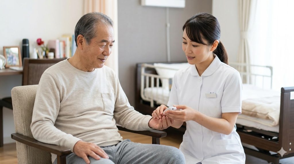 介護付き有料老人ホームで、入居者の健康管理を行う看護師。医療行為の受け入れ体制を確認。