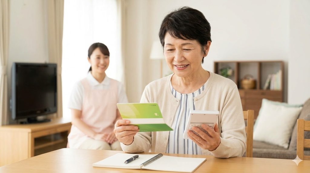通帳と電卓を手に安堵する日本の高齢女性。有料老人ホームの費用相場を理解し、資金計画が立った様子。