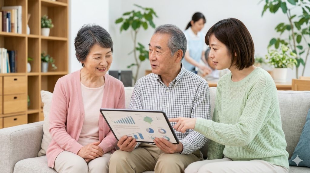 施設の種類ごとの費用相場の違いを理解するために、タブレットを使いながら家族で情報収集する日本人の様子。