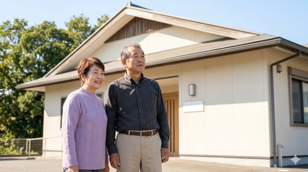 費用負担が少ない公的施設である特別養護老人ホーム（特養）の外観を、穏やかな表情で見つめる日本人の高齢夫婦。
