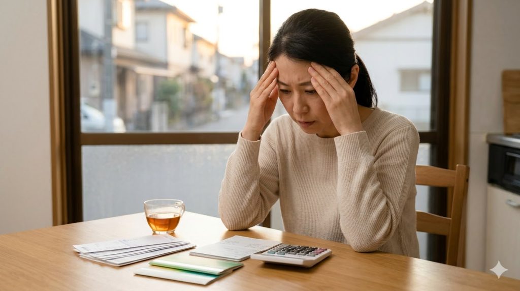 老人ホームの月額費用が払えない可能性に気づき、自宅のテーブルで頭を抱えて悩む日本人の娘。