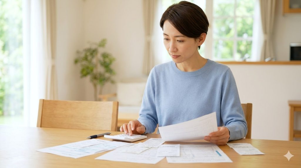 確定申告で医療費控除を申請するために、老人ホームの領収書や医療費の明細を整理する日本人の女性。