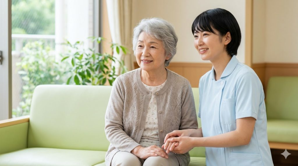 生活保護を受給しながら、安心して暮らせる新しい施設への転居が完了し、笑顔を見せる日本人の高齢女性とスタッフ