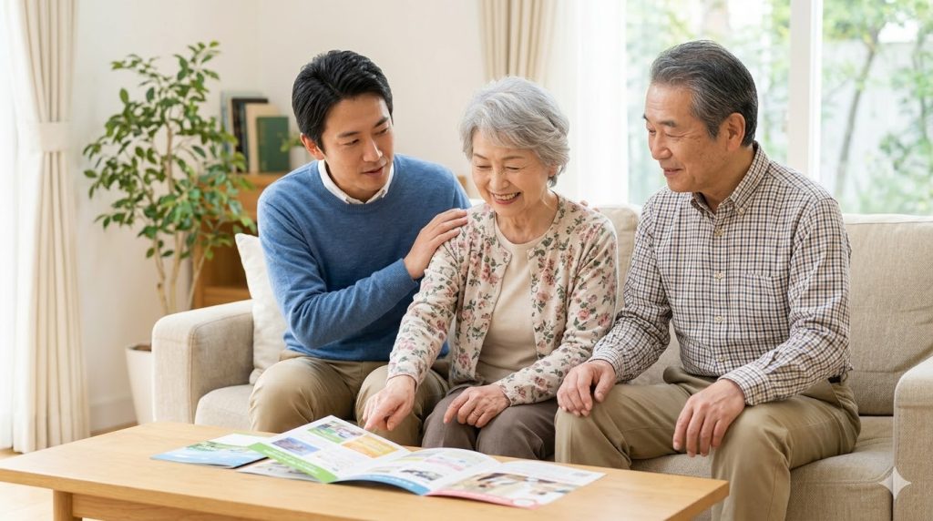 費用面での不安を解消し、前向きな気持ちで将来の老人ホーム選びについて話し合う日本人の家族。